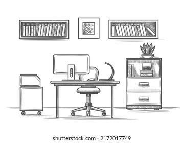 Office room drawing. Workplace outline sketch with desk monitor bookcase, work furniture floor doodle drawing, corporation contemporary business interior with desktop vector design