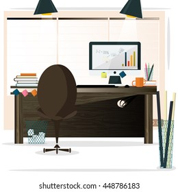 Office room. Flat style workplace. Creative office. Vector illustration.