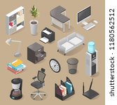 Office room furniture icon set, isometric style. Indoors design including desks, office chairs, printer stands. Vector 3D illustration office tools.