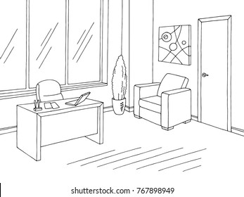 Office room graphic black and white interior sketch illustration vector