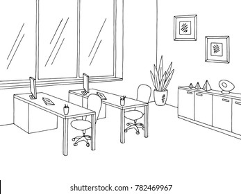 Office room graphic black white interior sketch illustration vector