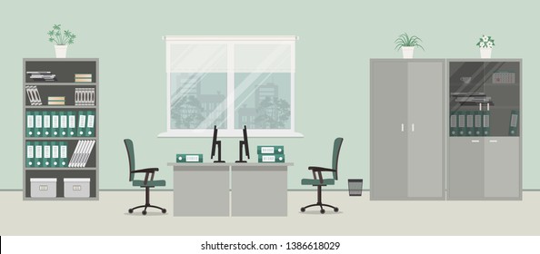 Office room in a gray color. There are desks, green chairs, cabinets for documents and other objects on a window background in the picture. Vector flat illustration