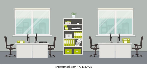 Office room in a gray color. There are white tables, black chairs, a cabinet for documents and other objects on a window background in the picture. Vector flat illustration.