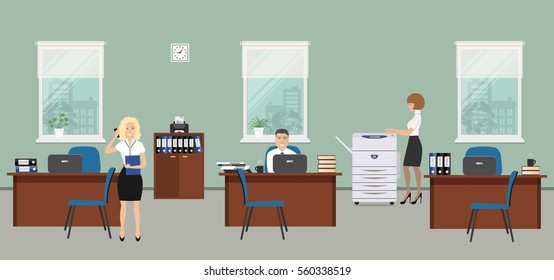 Office Room In A Gray Color. The Young Women And Man Are Employees At Work. There Is Brown Furniture, Blue Chairs, A Copy Machine On A Window Background In The Picture. Vector Flat Illustration