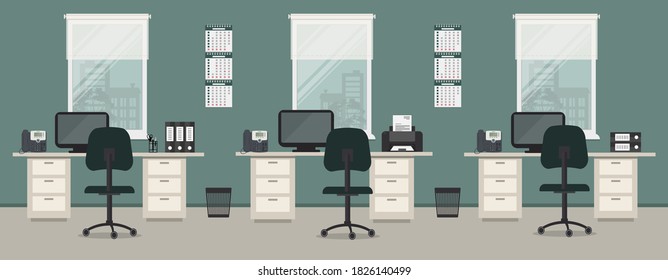 Office room in a green color. Workplace for three office workers with gray furniture on a windows background. There are desks, chairs, phones, a printer, calendars and other objects here. Vector