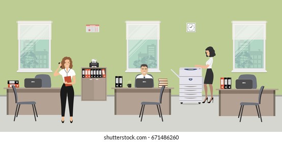 Office Room In A Green Color. The Young Women And Man Are Employees At Work. There Is Beige Furniture, A Copy Machine On A Window Background In The Picture. Vector Illustration.