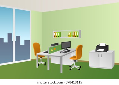 Office Room Green Interior White Table Orange Chair Window Illustration Vector