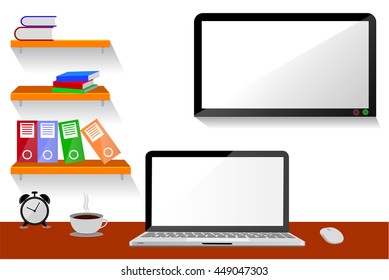 Office Room, with hanging shelf, and LED or LCD TV at white wall
