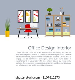 Office room interior banner with space for text. Modern business workspace with office furniture: desk, chair, computer, bookcase, pictures on the wall. Vector illustration. 