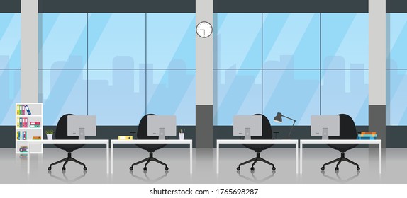 Office room interior with cityscape outside window.Design of modern office designer workplace.Vector illustration.