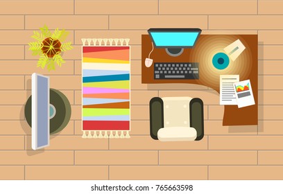 Office room interior decor including plant and carpet, tv set and computer, table and chair placed on wooden floor represented on vector illustration