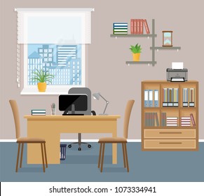 Office room interior design with furniture and window without people. Working indoor room workspace.