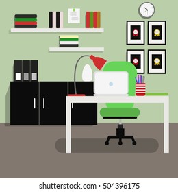 Office Room Interior Design With Furniture: table, Shelves, Clock, Chair, Bookcase and Lamp. Flat Style Vector Illustration