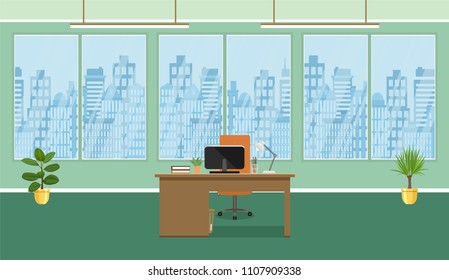 Office room interior design with workplace, plants and window without people. Working indoor room workspace.