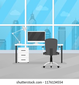 Office room interior with desk or table, chair and computer. Modern business workplace or workspace design. Vector illustration.