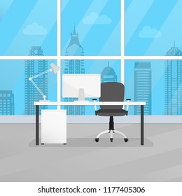 Office room interior with desk or table, chair and computer. Modern business workplace or workspace design. Vector illustration.