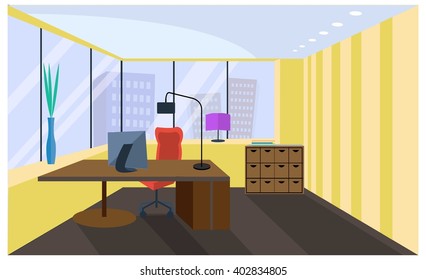 Office room interior in flat style. Armchair and table, monitor, view from the window on megapolis, skyscrapers. Business concept