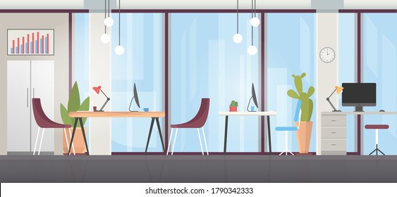 Office room interior flat vector illustration. Cartoon modern wide business workspace with office chair, computer designer desk, panoramic window and cityscape view, empty workplace design background