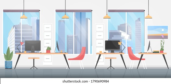 Office room interior flat vector illustration. Cartoon empty creative office workplace environment with modern furniture, table, computer, panoramic window. Inside decor design, workspace background