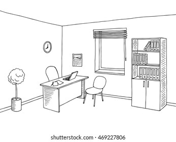 Office room interior graphic art black white sketch illustration vector