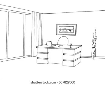 Office Room Interior Graphic Black White Sketch Illustration Vector