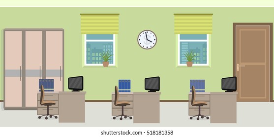 Office room interior including three work spaces with furniture. Flat style vector illustration.
