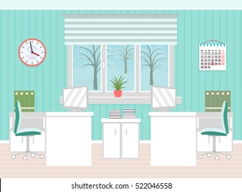 Office room interior including two work spaces with winter landscape outside window. Flat  vector illustration.