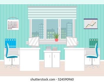 Office room interior including two work spaces with furniture, cityscape outside window.   Vector illustration Flat style