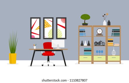 Office room interior. Modern business workplace with desk or table, chair, bookcase, computer, pictures on the wall. Vector illustration.