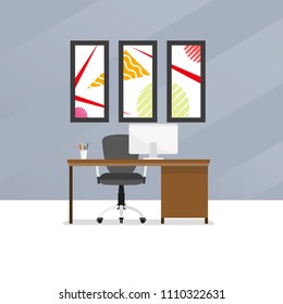 Office room interior. Modern workplace with desk or table, chair, computer, pictures on the wall. Vector illustration.