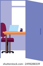 Office room interior in open door frame scene. Vector illustration