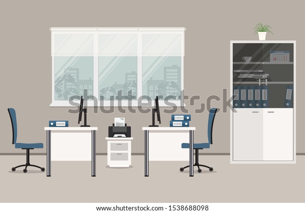 オフィスルームの内部 図には机 青い椅子 ドキュメント用のキャビネット プリンタ その他のオブジェクトがあります ベクターフラットイラスト のベクター画像素材 ロイヤリティフリー