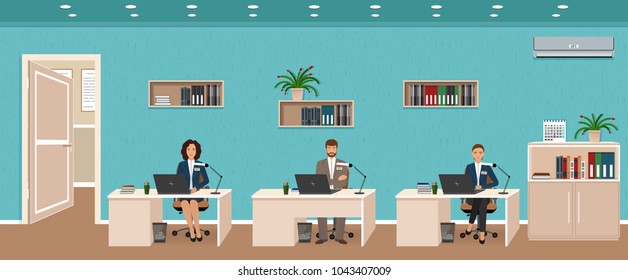 Office Room Interior With Three Workplaces, Working Employee And Door Outside. Workers Sitting At Desks And Work On The Computers. Flat Style Vector Illustration.