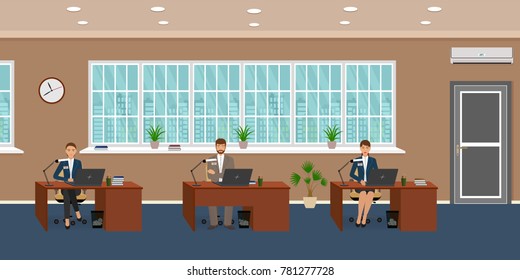 Office room interior with three workplaces and working employee. Workers sitting at desks and work on the computers. Flat style vector illustration.