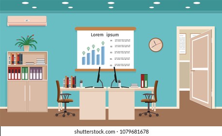 Office room interior with two workspaces. Workplace organization in business office. Working cabinet design with furniture and access to the corridor. Flat style vector illustration.