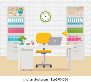 Office room interior. Workplace, workspace with furniture and equipment. Vector. Room design in flat style. Cartoon illustration on business theme.