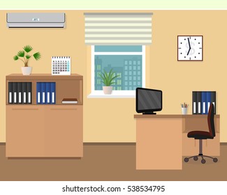 Office room interior. Workspace design with clock, air conditioning and cityscape outside window. Flat style vector illustration.