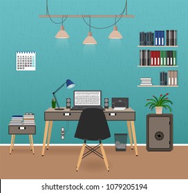 Office room interior with workspace. Workplace organization in business office. Working cabinet design with furniture. Flat style vector illustration.