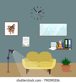 office room interior  with yellow sofa in flat design
