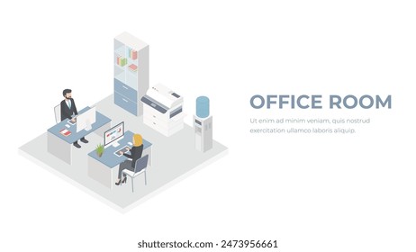 Office room isometric illustration. Office workers on workplase. People in office interior.