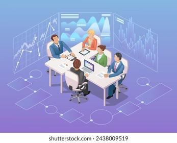 Office room with meeting board. Business cooperation, partnership, teamwork. Colleagues work together. Workspace with laptop. Virutal hologram with diagrams. Isometric vector illustration