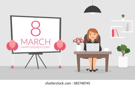 Office room on March, 8. Happy Women's Day. Businesswoman working at a computer. Cute character. Flat design vector illustration.