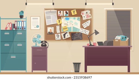 Office room for private detective or police investigator vector illustration. Cartoon tidy interior with desk and bookcase, investigation board with crime evidences on wall, workplace of detective