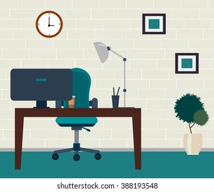 Office room. Table with computer and chair.