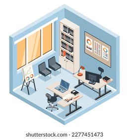 Office room with two workplaces isometric colored object on white background isolated vector illustration