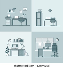 Office room workplace table chair interior indoor set. Linear stroke outline flat style vector icons. Monochrome icon collection.