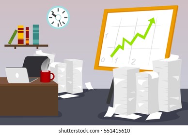 office room, workplace, table, Computer board paper. vector illustration