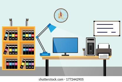 Bürozimmer. Arbeitsplatz der Büroangestellten mit grauem Mobiliar auf Fensterhintergrund. Es gibt Schreibtische, schwarze Stühle, einen Drucker, eine Uhr 
