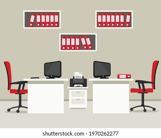 Office room. Workplace of office workers on a beige background. There are two desks, two red chairs, printer, shelves for documents and other objects in the picture. Vector flat illustration
