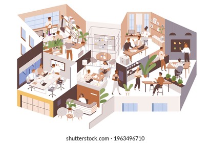 Office rooms and departments with modern interior. People at work areas and corporate spaces of big agency. Inner company's life. Colored flat graphic vector illustration isolated on white background